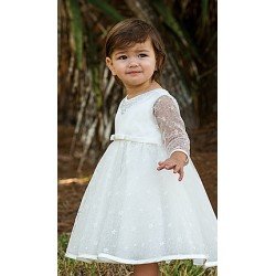 Ivory Long Lace Sleeves Christening Ballerina Length Dress Style 070086-2