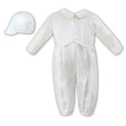 Sarah Louise Christening Ivory Long Sleeves Baby Boy Romper with Bonnet Style 002217