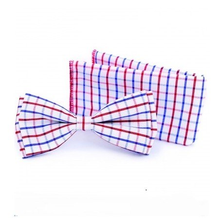 Checkered White/Blue/Red Bow Tie and Handkerchiefs Style F2