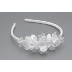 White Communion Headband with Flowers, Crystals and Pearls Style OW-062