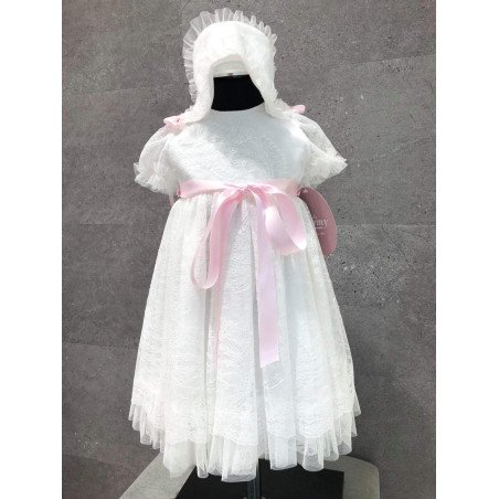 Handmade Baby Girl Ivory/Pink Christening Gown&Bonnet Style 2025