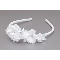 WHITE COMMUNION HEADBAND WITH FLOWERS AND DIAMONDS STYLE OW-040