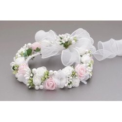 WHITE/GREEN/PINK FIRST HOLY COMMUNION HEADDRESS FOR A BUN STYLE WK-016