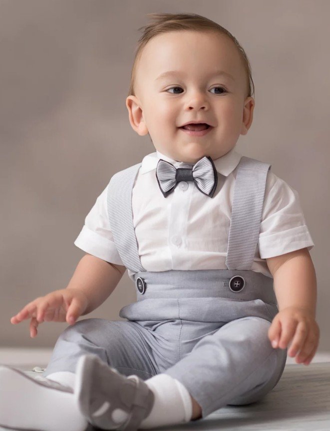 White/Gray 3 Pieces Baby Boy Christening Outfit