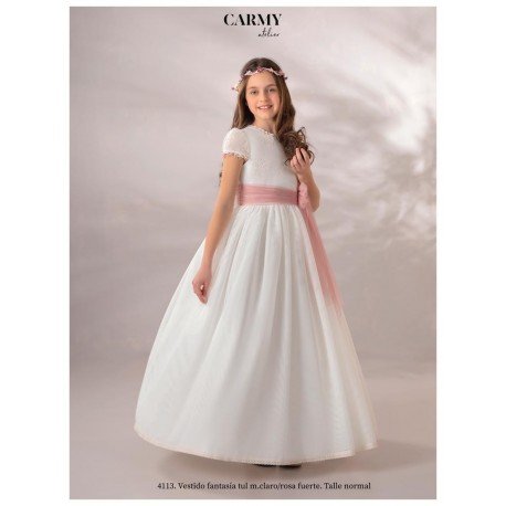 CARMY IVORY/PINK HANDMADE FIRST HOLY COMMUNION DRESS STYLE 4113