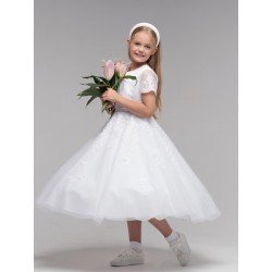 PAULA'S COMMUNION WHITE TEA-LENGTH FIRST HOLY COMMUNION DRESS STYLE PJ-55