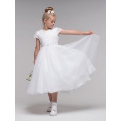 PAULA'S COMMUNION WHITE TEA-LENGTH FIRST HOLY COMMUNION DRESS STYLE PJ-53