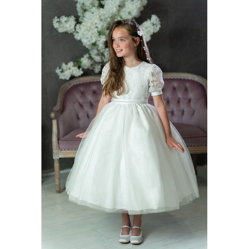 PAULA'S COMMUNION WHITE TEA-LENGTH FIRST HOLY COMMUNION DRESS STYLE PJ-41