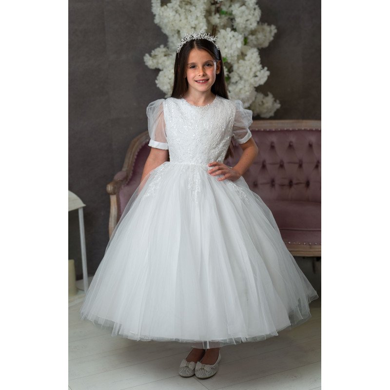 PAULA'S COMMUNION WHITE TEA-LENGTH FIRST HOLY COMMUNION DRESS STYLE PJ-51