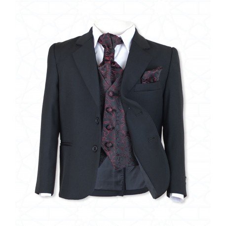 Boys Black 5Pc Communion/Page Boy Suit with Burgundy Hankerchief, Cravat & Waistcoat Style 514