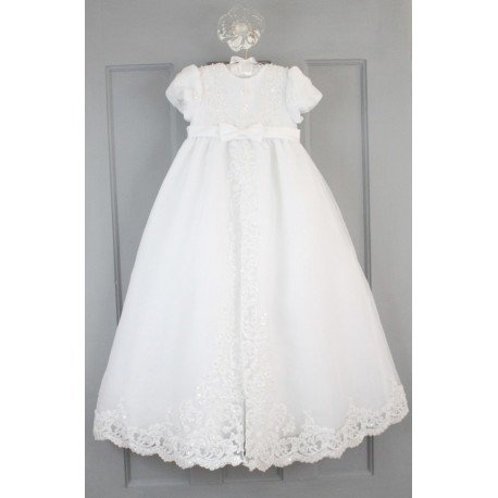 Sarah Louise Ivory Bead and Flower Christening Gown and Bonnet Style 165S