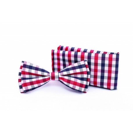 Checkered Navy/White/Red Bow Tie and Handkerchiefs Style MC 104