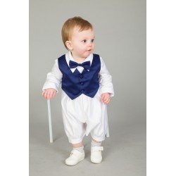 3 Piece Christening Romper in White / Navy Color with Bonnet Style CR09N