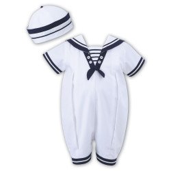 Sarah Louise Christening Sailor White & Navy Romper with Hat Style 010813