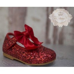 Red Glitter Leather Special Occasion Shoes style Mary Jane Bow